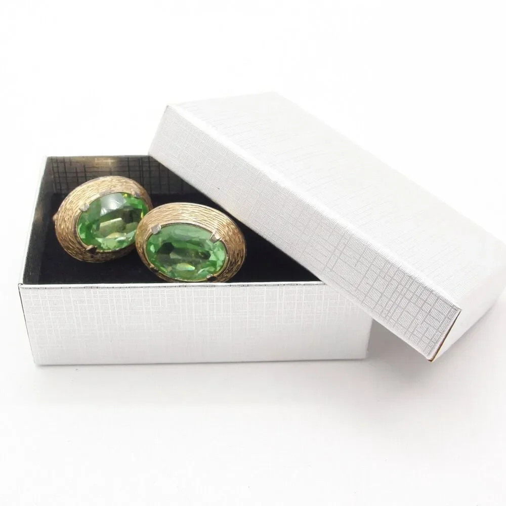 Vintage Swank Green Glass Gold Tone Oval Cufflinks Mens Formal Wedding Groomsmen